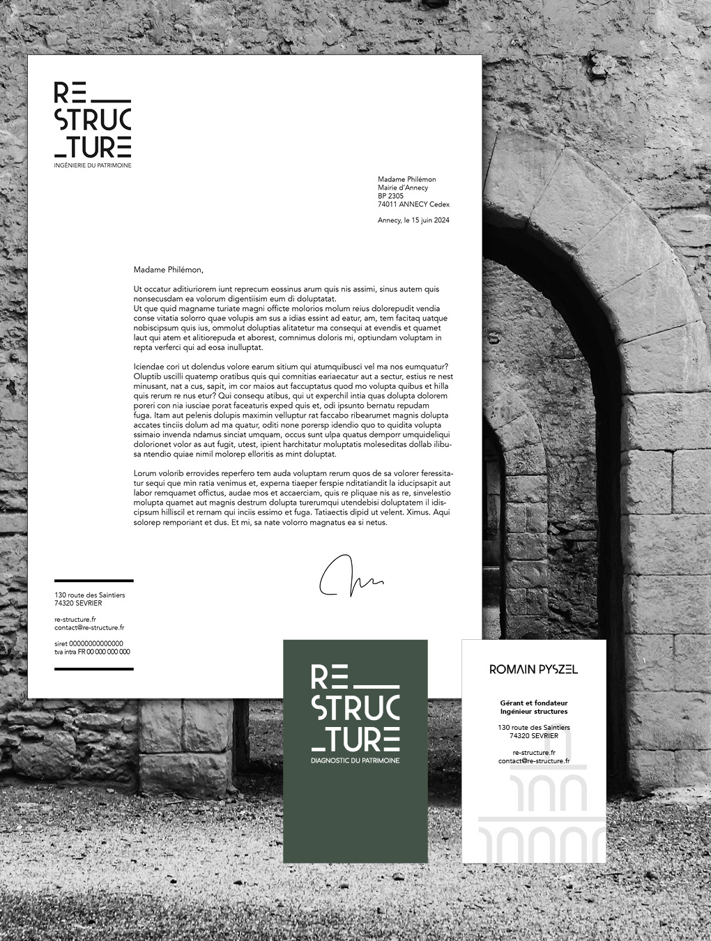 Application de l'identité visuelle du bureau d'études structure patrimoine sur la papeterie : courrier et cartes de visite