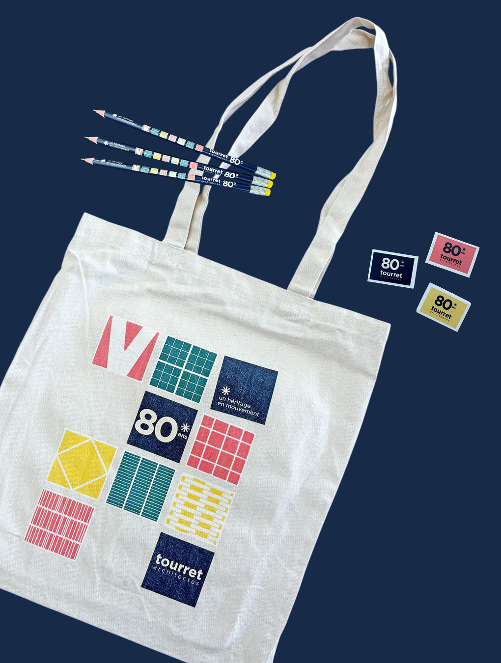 Goodies 80 ans Tourret architectes : totebag, crayons, gommes