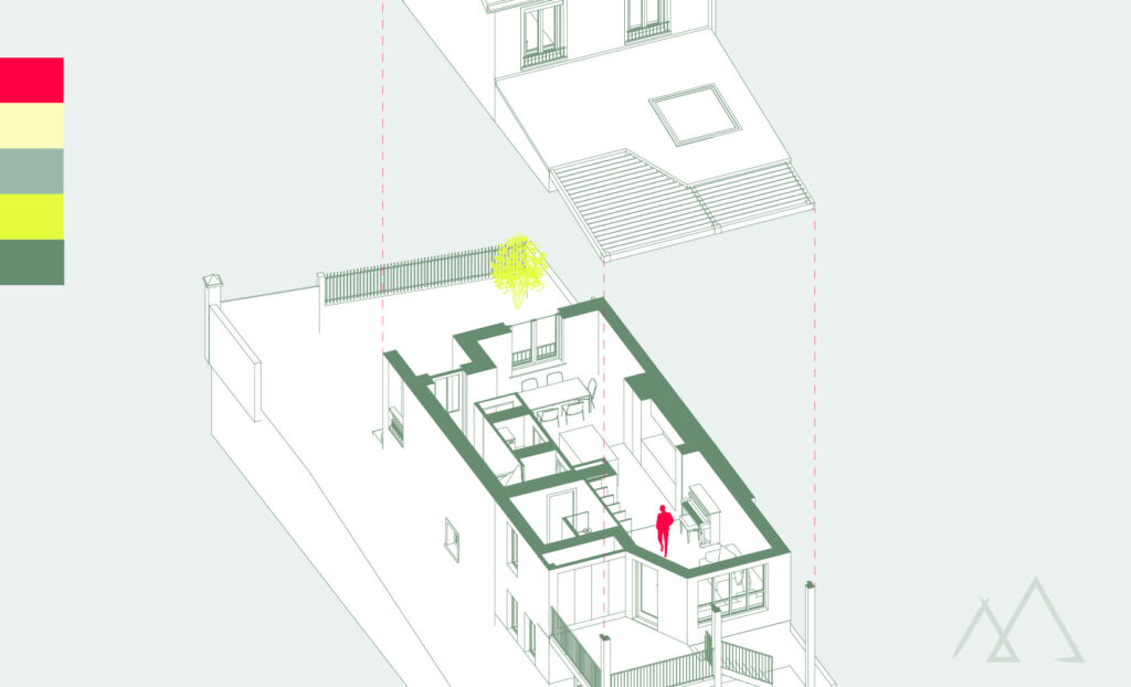 Axonométrie d'un projet de l'agence Ahoy architectes chartée selon les principes de la charte graphique