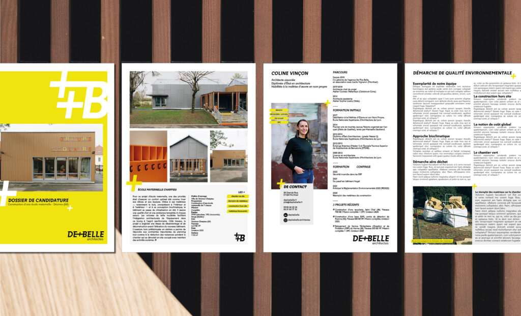 Extraits de la refonte de la communication de l'agence d'architecture De Plus Belle : fiches références, CV et notices