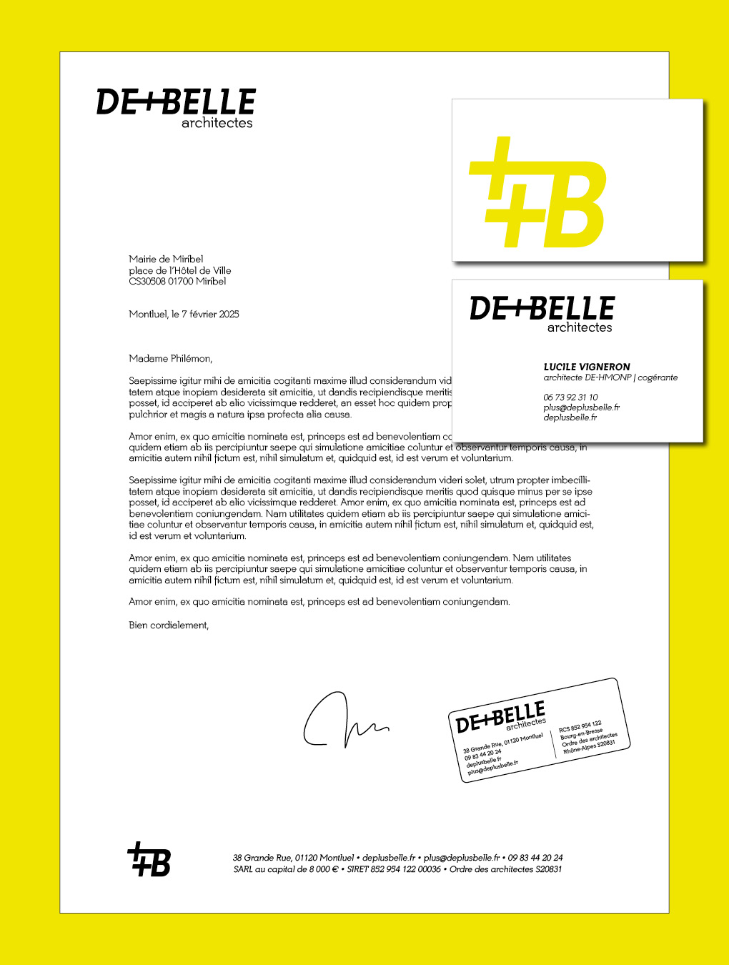 Refonte de la communication de l'agence d'architecture De Plus Belle : supports de papeterie (courrier, tampon et cartes de visite)