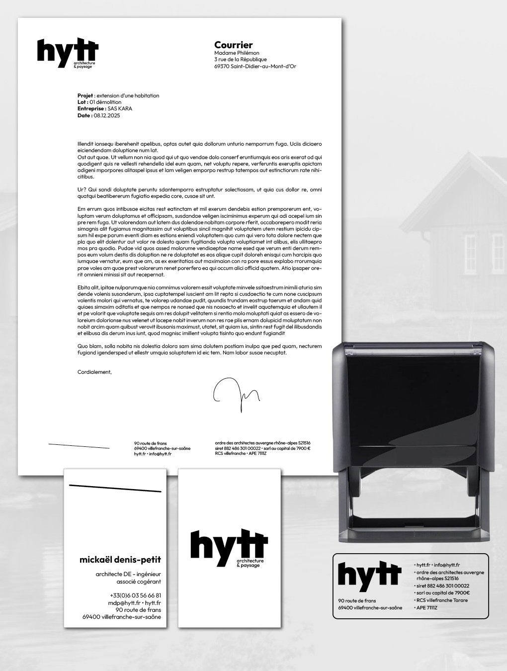 Application de l'identité Hytt sur les documents de papeterie : courrier, carte de visite, tampon