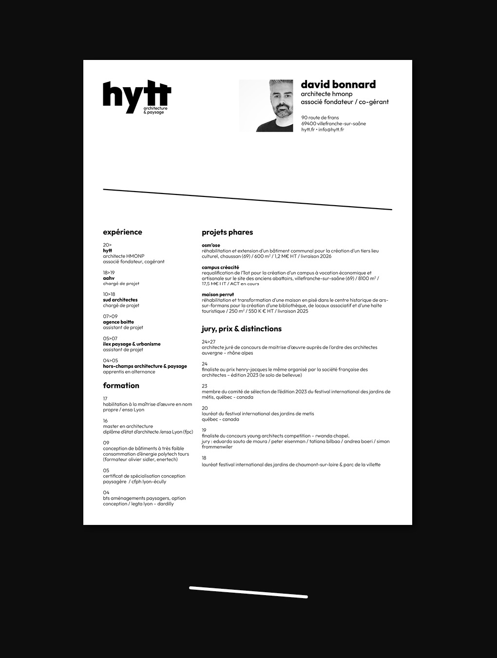 Extrait d'un cv de collaborateur de l'agence Hytt architecture et paysage