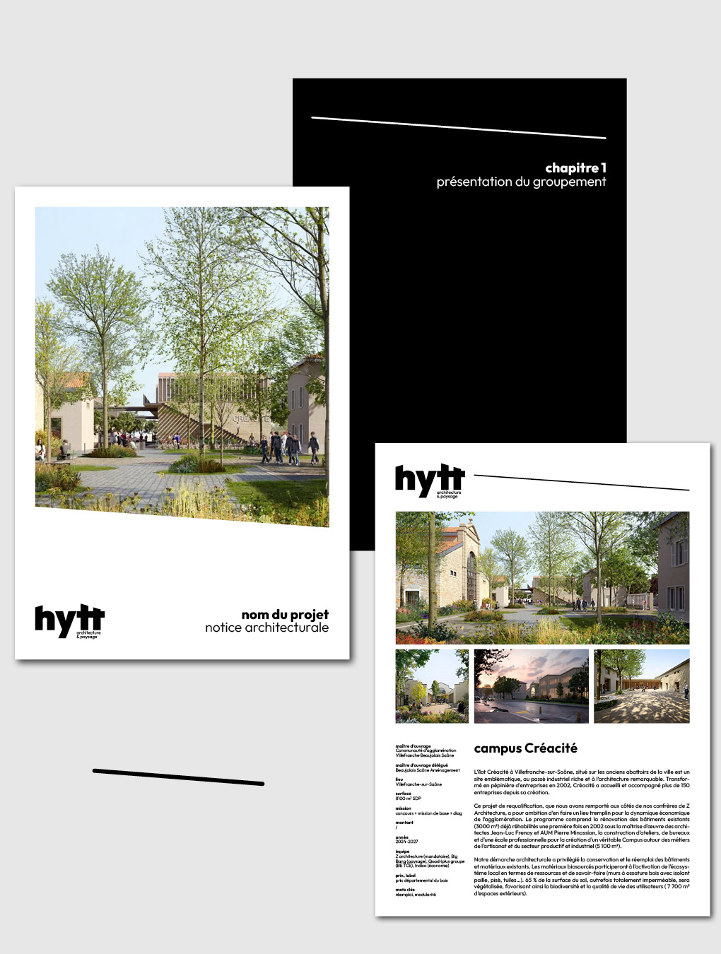 Application de l'identité visuelle Hytt architecture sur les outils de concours et candidature : fiche référence, page de garde, intercalaire